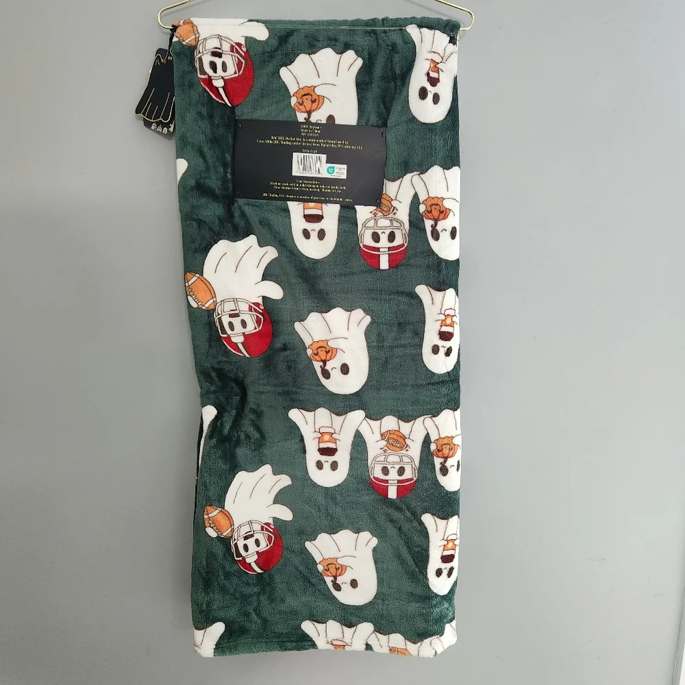 Rachel Dark Green Ghost Football Fall Pattern Pumpkin Plush Throw Blanket NWT